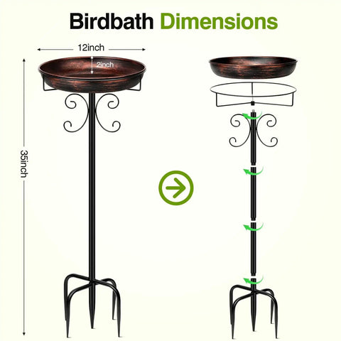 Diagram of 35 Inch Metal Bird Bath Outdoor Freestanding Feeder Bowl With Upgraded Five Prong Base Antique Bronze Finish