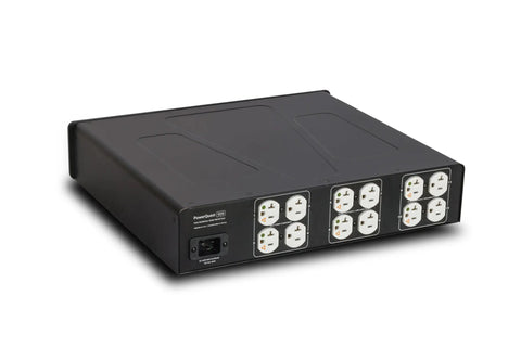 Kickass 20 Amp Power Conditioner With Non Sacrificial Surge Protection For Home Audio And Hi Fi Rigs showing 12 outlets on a black metal housing.