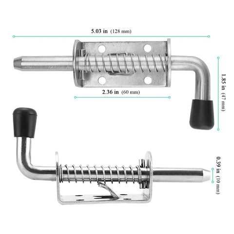 Heavy Duty Stainless Steel Spring Loaded Latch Pin, 5 Inch Barrel Bolt For Cabinets And Trailers detail view with measurements.