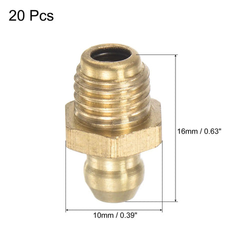Close-up of a brass straight grease fitting from Brass Straight Grease Fittings Set for 5/16-24 Thread, 10mm Wide Hydraulic Fittings, 20-Piece Assortment