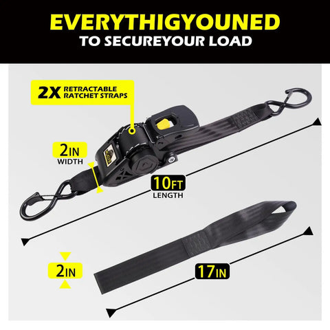 Heavy Duty Retractable Ratchet Straps Two Pack Tough As Nails Design features 10ft length and 2in width for secure load.