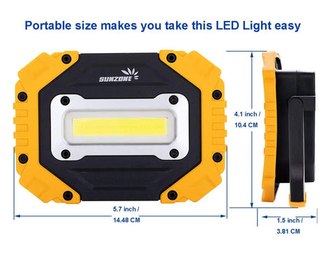 Portable LED Work Light Two Pack Beast Bright AA Battery Powered Flood Lights With COB Chips shown with measurements