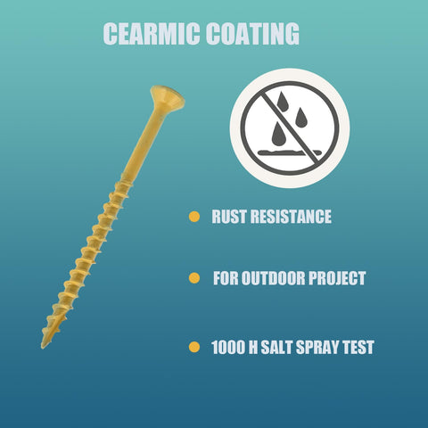 Exterior Deck Screws Kit 400 Pcs Size 8 X 1 Inch Yellow Ceramic Coating for outdoor rust-resistant projects, self-tapping screw with T25 drive bit