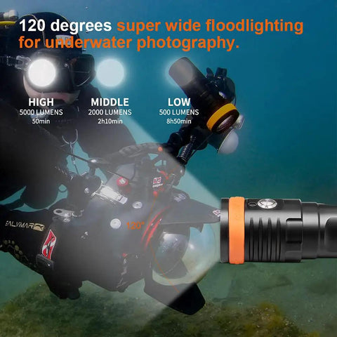 Diver using Super Bright Underwater Video Light For Scuba 5000 Lumens 120 Degree Wide Beam 150 Meter Depth Rating Titanium Alloy Switch High CRI