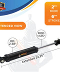 Beefy Heavy Duty Double Acting Tie Rod Hydraulic Cylinder, 2 In Bore, 6 In Stroke, 1.125 In Rod, 16.25 In Retracted, 22.25 In Extended, 2500 PSI, Three Eighth Inch NPT Ports, 1 In Pin Holes, Industrial Grade, extended view