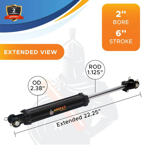 Beefy Heavy Duty Double Acting Tie Rod Hydraulic Cylinder, 2 In Bore, 6 In Stroke, 1.125 In Rod, 16.25 In Retracted, 22.25 In Extended, 2500 PSI, Three Eighth Inch NPT Ports, 1 In Pin Holes, Industrial Grade, extended view