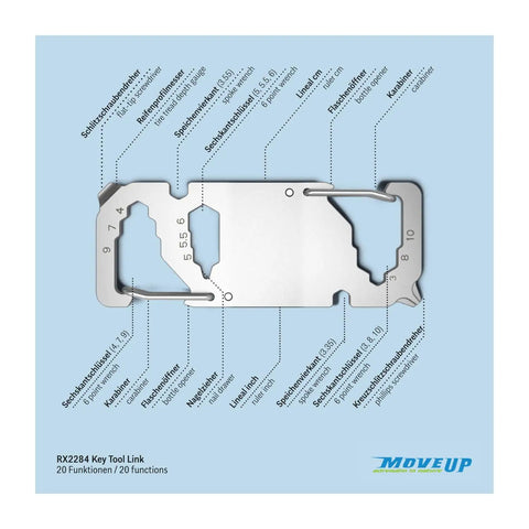 Stainless Steel Key Tool Multitool with 20 Functions, Carabiner Key Ring for Travel, showing labeled features on keychain.