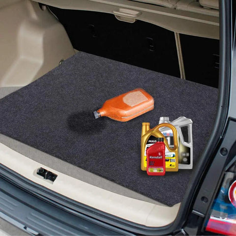 Heavy Duty Garage Floor Mat 36x60 Inches absorbs oil and liquids with waterproof backing, shown protecting car trunk floor.