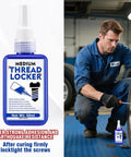 Mechanic using medium strength threadlocker on car wheel