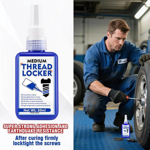 Mechanic using medium strength threadlocker on car wheel