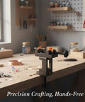 Compact Mini Bench Vise Perfect For Jewelry Making And Model Building, Durable PP Plastic Desktop Clamp Holds Parts Steady For Engraving Sanding Crafts And DIY Projects Black on wooden workbench.