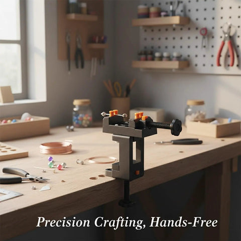 Compact Mini Bench Vise Perfect For Jewelry Making And Model Building, Durable PP Plastic Desktop Clamp Holds Parts Steady For Engraving Sanding Crafts And DIY Projects Black on wooden workbench.