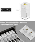 Compact Cat6 RJ45 Keystone Coupler 25 Pack Female to Female UTP Inline Jack dimensions and compatibility with wall plates and patch panels