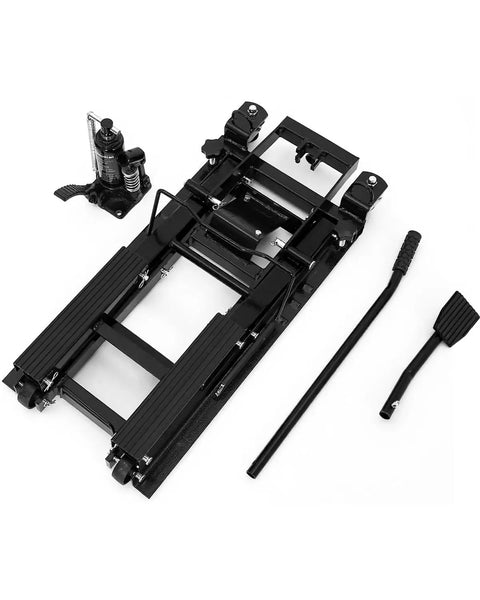 Heavy Duty 1500Lb Hydraulic Motorcycle Lift Jack With Adjustable 4.7 To 14.57 Inches Height Range Non Slip Platform Safety Lock Garage Scissor Jack For Motorcycles ATVs UTVs Dirt Bikes Car Maintenance Tool, black steel with handle