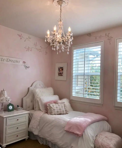 Original Brink House 5 Light Crystal White Chandelier, Hardwired Flush Mount Ceiling Light With White Metal Frame, Clear Glass Stem And Acrylic Crystals in bedroom setting