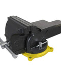 Heavy Duty 6 Inch Swivel Base Bench Vise One Hand Quick Release Tool Clamp with black jaws and yellow base for workshop use.