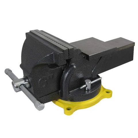Heavy Duty 6 Inch Swivel Base Bench Vise One Hand Quick Release Tool Clamp with black jaws and yellow base for workshop use.