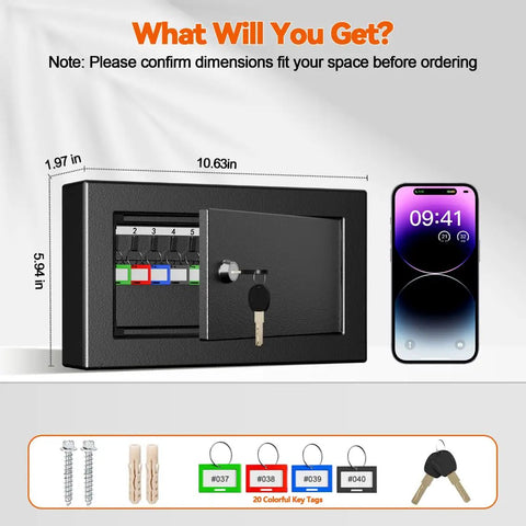 Wall Mounted Key Lock Box Holds Twenty Keys, Heavy Duty Metal Safe With Key Lock, Anti Theft Security, Color Coded Tags For Easy Labeling, Perfect For Home Garage Office Hotel School And Commercial Use, metal box open with keys visible