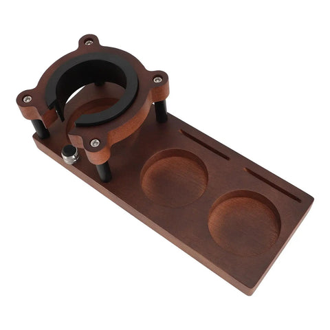 Level Up Your Daily Grind With This Premium Solid Wood Coffee Tamper Station Universal 58mm Portafilter Holder angled view, walnut wood with two compartments.
