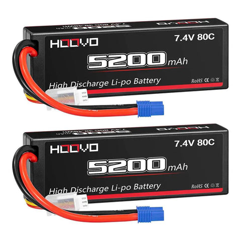 High Capacity 7.4V 5200mAh 80C 2S LiPo Battery With Hard Case And EC3 Plug for RC Cars Drones Helicopters 2 Pack