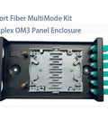 Plug And Play Om3 Multimode Fiber Wall Mount Enclosure Featuring Six Duplex LC UPC Ports And Twelve Drop Dead Easy Pigtails For Rock Solid Enterprise Network Racks In Sleek Black, showing internal view.