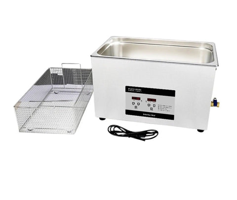 Pro Grade Heavy Duty Ultrasonic Cleaner With 30 Liter Heated Wash Tank And 600W Deep Soak Degreaser, stainless steel build, large capacity.