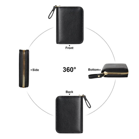 360-degree view of RFID Blocking Credit Card Holder Wallet, Slim Leather Card Case With Zippered Accordion Design, Holds Up To 9 Cards