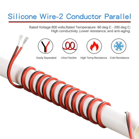 Ultra Flexible 18 AWG Red Black 2 Conductor Silicone Wire Spool Parallel Tinned Copper Core, 250 ft, 600V, 200 C Heat Resistant, Ideal for LED Strip Extensions and DIY Power Cables