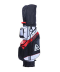 Badass White Golf Cart Bag Featuring T Lock Quiet Top Technology with black accents and storage pockets, ideal for golfers.