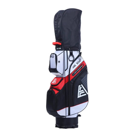 Badass White Golf Cart Bag Featuring T Lock Quiet Top Technology with black accents and storage pockets, ideal for golfers.