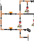 One Half Inch Drip Irrigation Fittings Kit With Thirty Seven Pieces including tubing layout and connectors in a garden setup