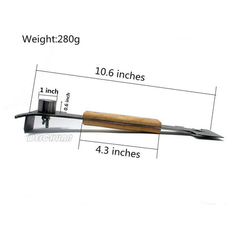 Multifunction Hive Scraper Tool With Wooden Handle for beekeeping, showing dimensions and stainless steel construction.