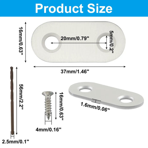 Dimensions of 21 Pack Stainless Steel Straight Flat Brace Mending Plates Flat Brackets with self-tapping screws for furniture repair