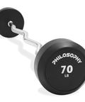 Rubber Fixed EZ Curl Barbell 70 lb pre loaded weight for strength training and weightlifting, 44 inch total length, side view