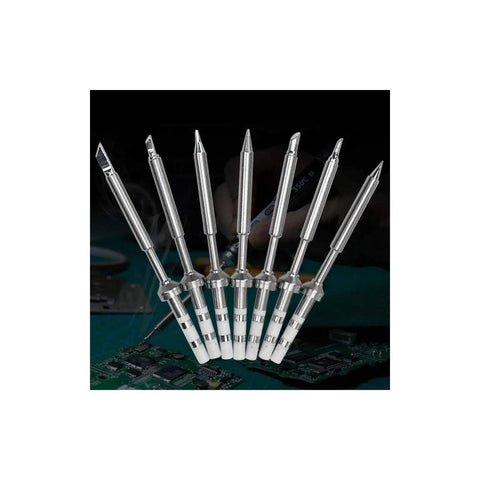 7 Piece Soldering Iron Tip Replacement Set For TS100 And Mini Digital Soldering Irons, arranged on a circuit board background.