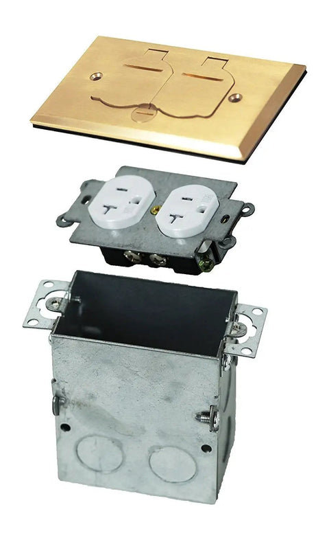 Flip Lid Floor Box Kit With One Gang Receptacle, 20 Amp Tamper Resistant Weather Resistant Outlet, Brass Cover, Watertight Gasket