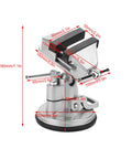 Rock Solid Universal Table Vise Clamp With Zero Wobble Rotating Base features precise dimensions and sturdy aluminum alloy construction.