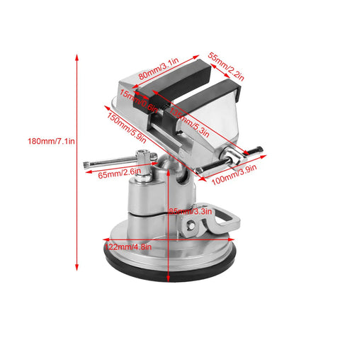 Rock Solid Universal Table Vise Clamp With Zero Wobble Rotating Base features precise dimensions and sturdy aluminum alloy construction.