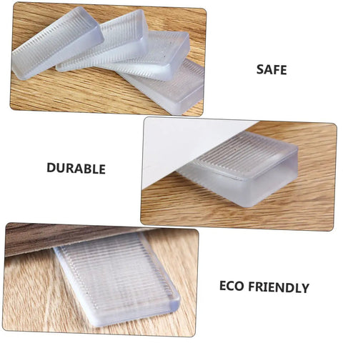 Three stackable furniture leveling shims on wood surface, showing clear, durable PVC material for stabilizing couches and chairs.