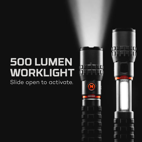 SLYDE KING 2K Rechargeable LED Flashlight With 4X Zoom Spotlight Or Floodlight, Built In COB Work Light, 500 lumen worklight