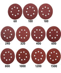 Premium 5 Inch Hook And Loop Sanding Discs With 8 Holes For Random Orbital Sanders, displaying various grit numbers from 60 to 1500.