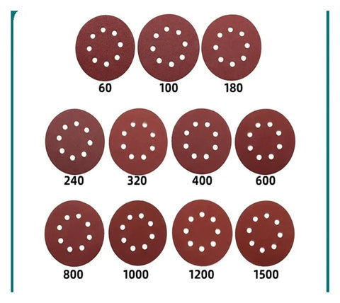 Premium 5 Inch Hook And Loop Sanding Discs With 8 Holes For Random Orbital Sanders, displaying various grit numbers from 60 to 1500.