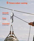 4400 Lbs Breaking Strength Rope Pulley Hoist With 100 Ft Rope 5 To 1 Lifting Power Beefy Heavy Duty Pulley System With Two Soft Loops Metal Wheels Bearing Structure Block And Tackle For Lifting Heavy Objects, shown lifting gear
