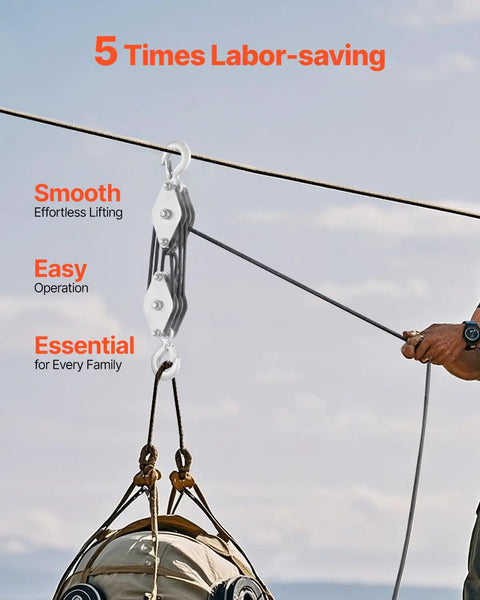 4400 Lbs Breaking Strength Rope Pulley Hoist With 100 Ft Rope 5 To 1 Lifting Power Beefy Heavy Duty Pulley System With Two Soft Loops Metal Wheels Bearing Structure Block And Tackle For Lifting Heavy Objects, shown lifting gear