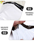 White Plastic Mailing Bags Pack Heavy Duty Self Seal Envelopes Lightweight Yet Thick And Durable Weatherproof For Clothes Shipping A Real Workhorse For Couriers And Online Sellers, shown with close-up of plastic texture and seal.