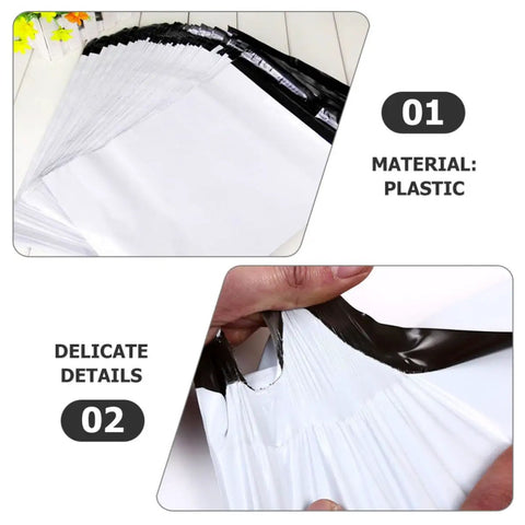 White Plastic Mailing Bags Pack Heavy Duty Self Seal Envelopes Lightweight Yet Thick And Durable Weatherproof For Clothes Shipping A Real Workhorse For Couriers And Online Sellers, shown with close-up of plastic texture and seal.
