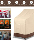 Beefed-Up Heavy Duty Waterproof Stackable Patio Chair Cover For 4-6 Chairs in Beige and Brown, protecting stacked chairs