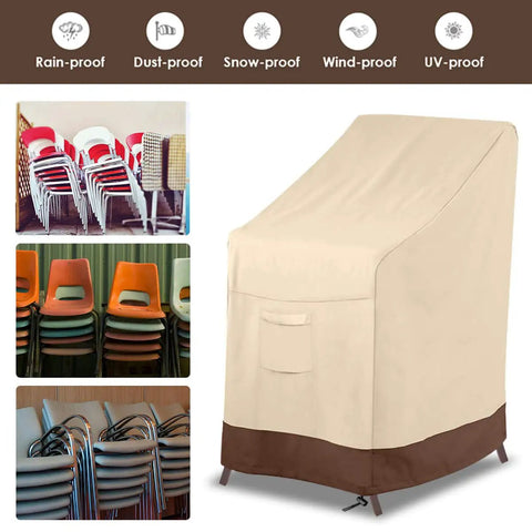 Beefed-Up Heavy Duty Waterproof Stackable Patio Chair Cover For 4-6 Chairs in Beige and Brown, protecting stacked chairs