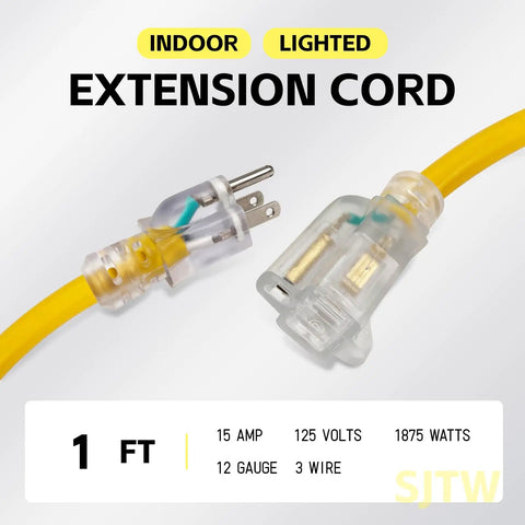 1 ft section of 100 Ft Lighted Outdoor Extension Cord With 12 Gauge 3 Wire SJTW Heavy Duty Yellow Cable, 3 Prong Plug