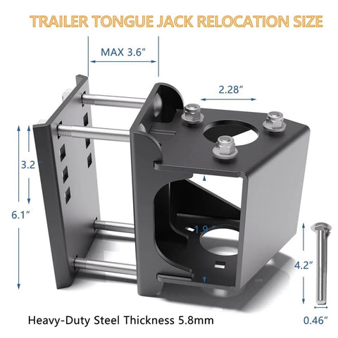 Universal Trailer Tongue Jack Relocation Kit With Bolt On Bracket For 3 Bolt And A Frame Jacks, shown in gray steel material
